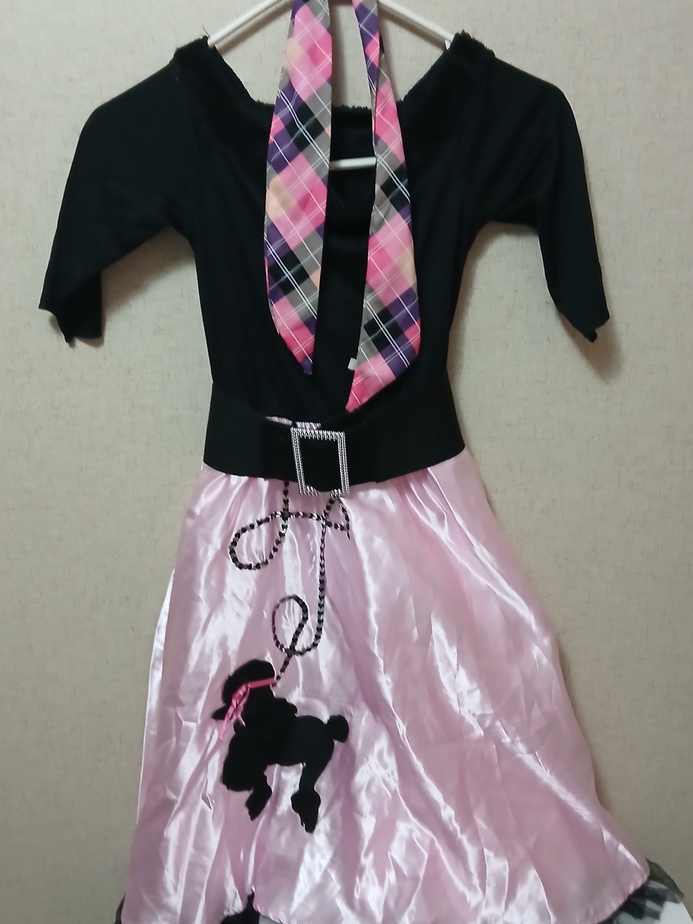 Pink Poodle Skirt Costume with Black Top and Plaid Scarf With Crinoline And Shoe